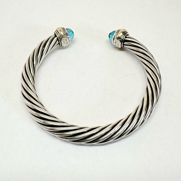 David Yurman 7mm Blue Topaz Cable Classic Cuff Bracelet .925/14K - Picture 5 of 10